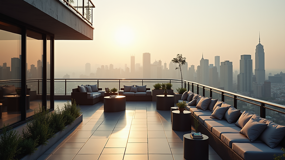 High angle view of a rooftop terrace with seating and city skyline
