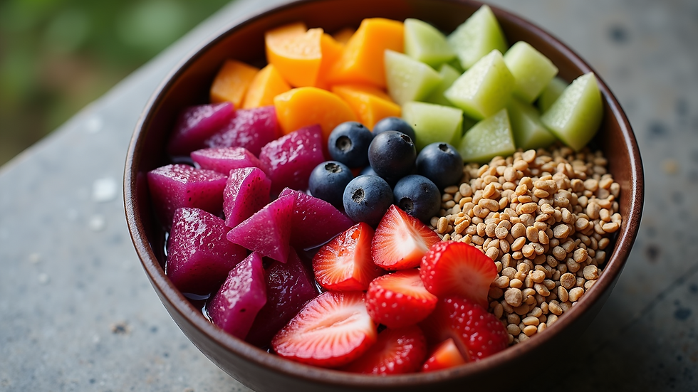 High angle view of various fruits and toppings for pitaya bowls