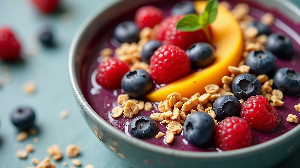 Close-up view of a colorful acai bowl topped with fresh fruits and granola