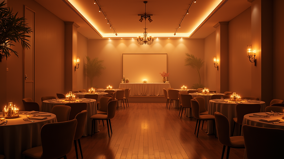 Eye-level view of a cozy event room with warm lighting and round tables