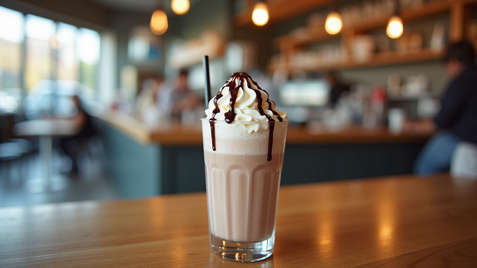 Eye-level view of a delicious milkshake topped with whipped cream and chocolate syrup