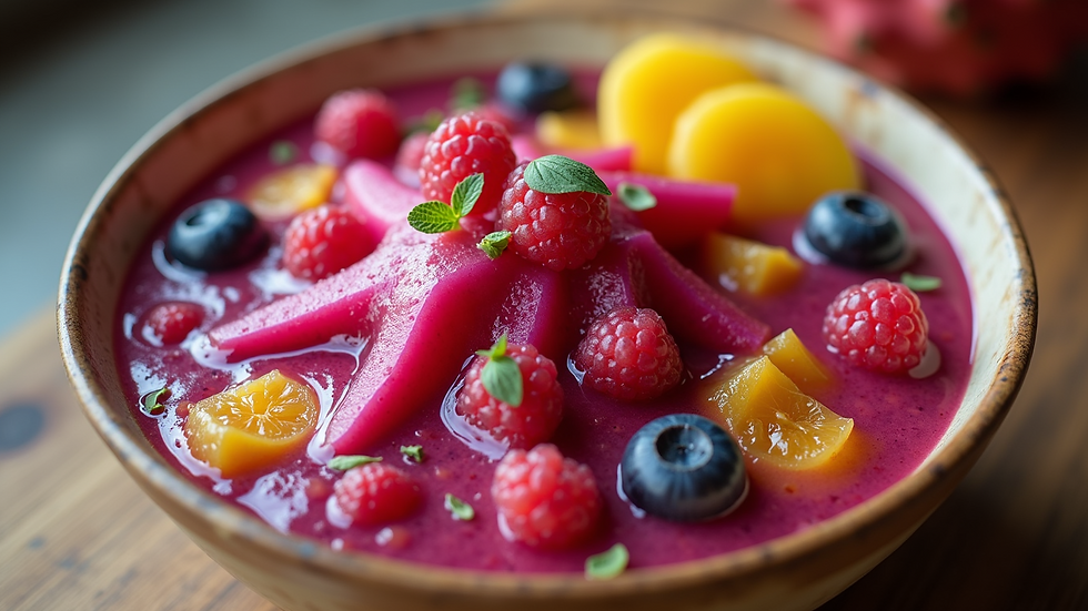 Eye-level view of a refreshing pitaya bowl garnished with colorful fruits