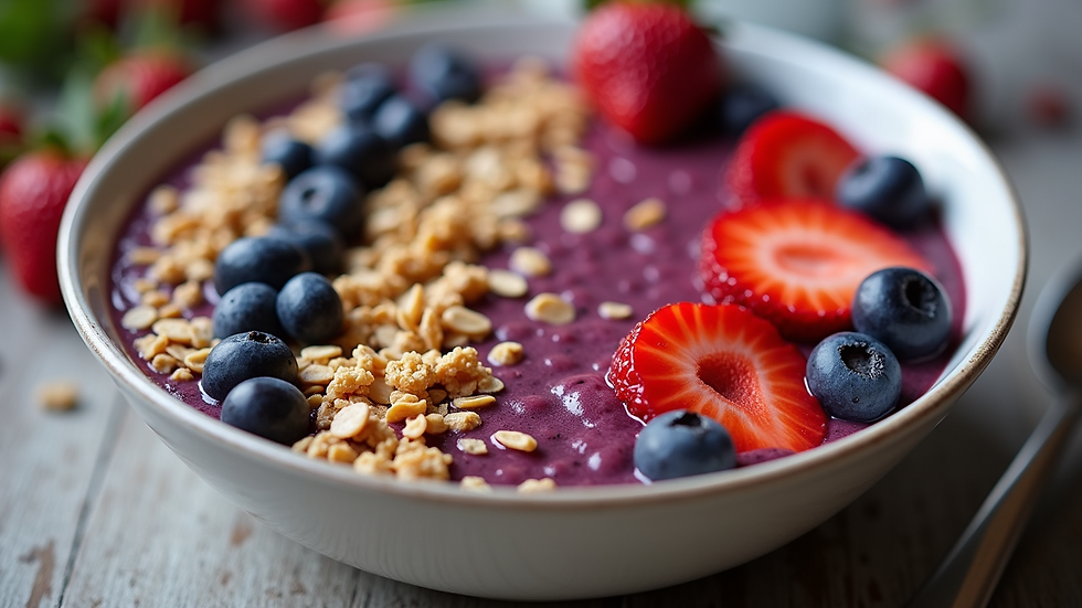 High angle view of a protein-packed acai bowl with seeds and granola