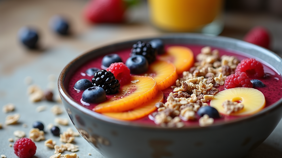 Eye-level view of a vibrant acai bowl topped with fresh fruits and granola