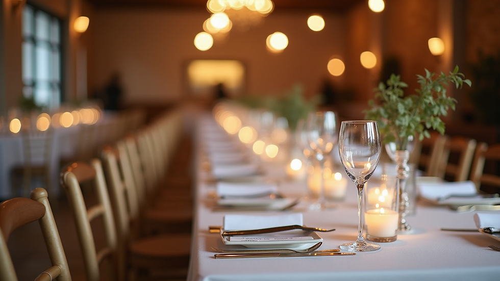 Close-up view of a modern event space with elegant table settings