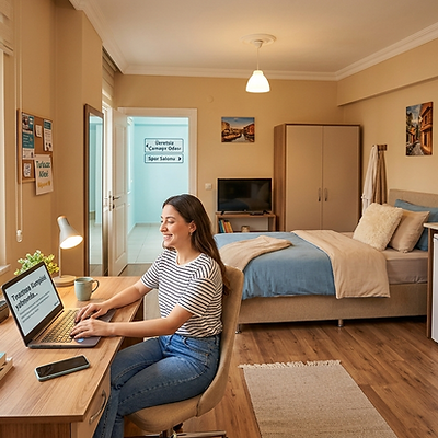 Turkuaz Kız Apartı ayrıcalıklarını keşfedin! 1+0, 1+1 full eşyalı daireler, ücretsiz çamaşırhane, spor salonu, yüksek hızlı i