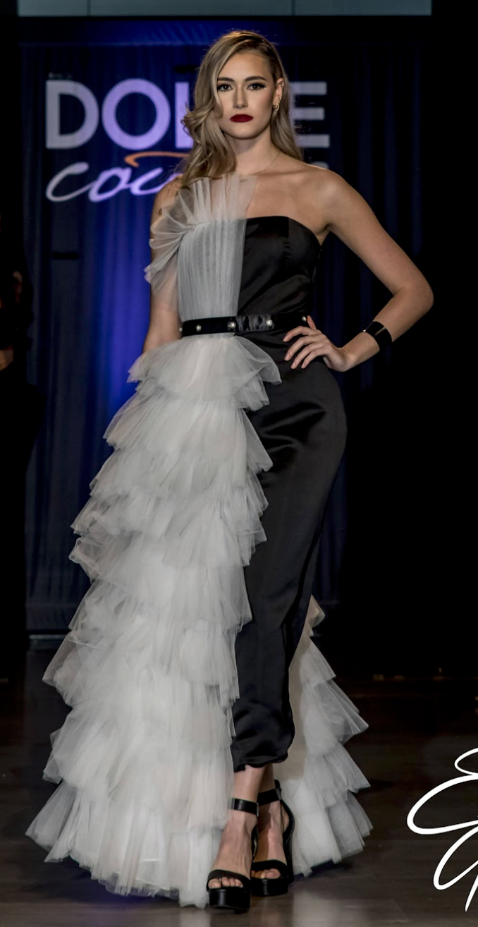 Thumbnail: Black satin and white layered tulle gown