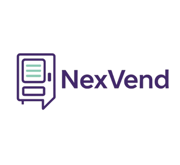NexVend company logo featuring a minimalist vending machine icon with mint green shelves and the NexVend name in bold purple 