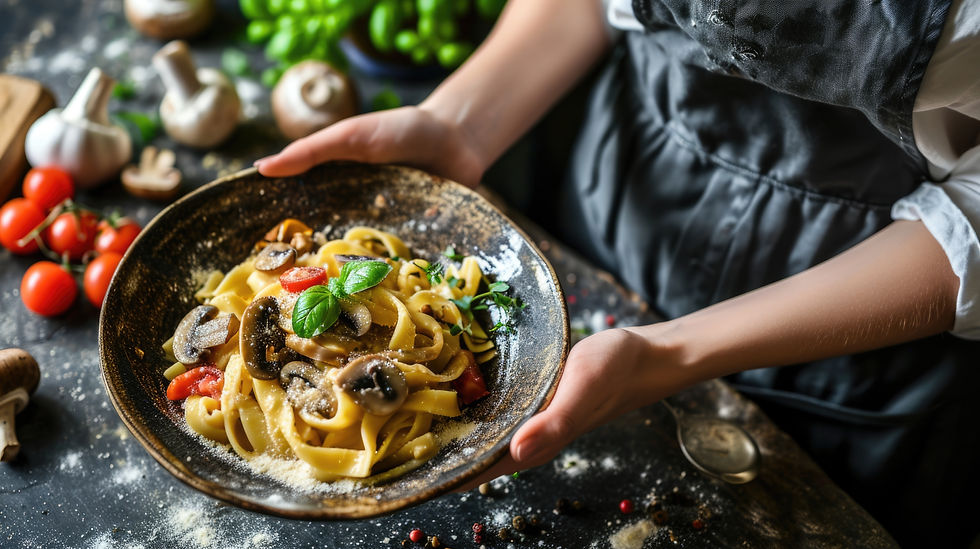 plant based mushroom pasta and tomatoes and basil