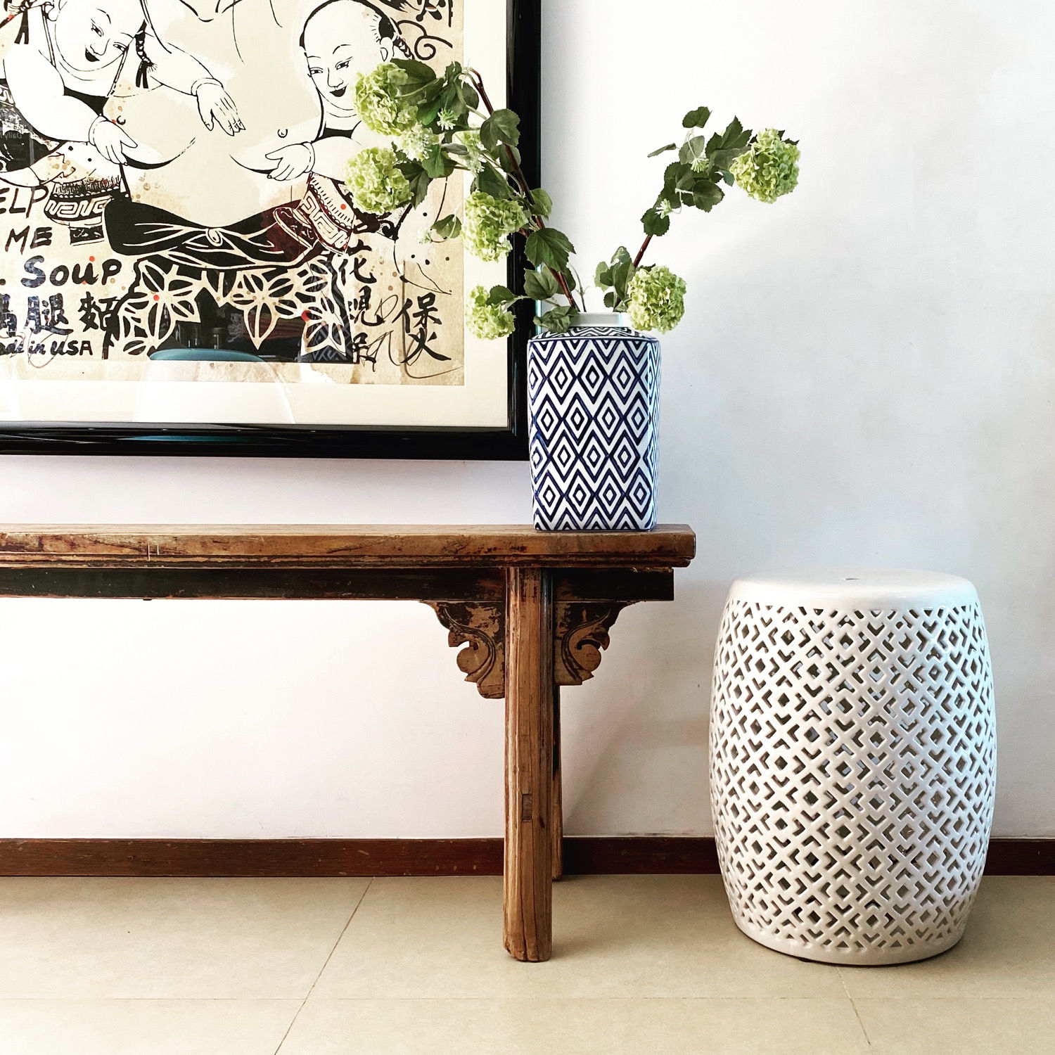 Cream cut out ceramic stool