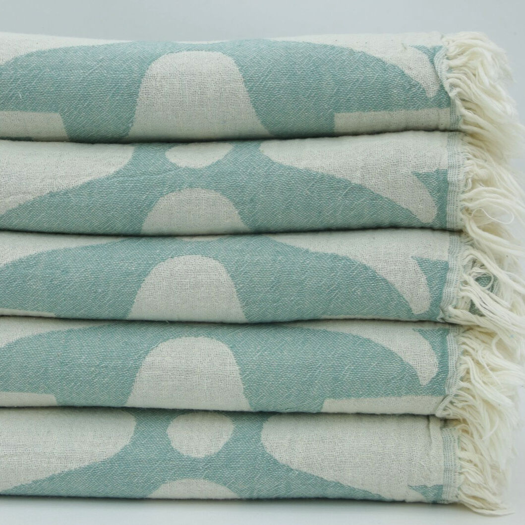 Petrol blue tulip jacquard Turkish beach towel