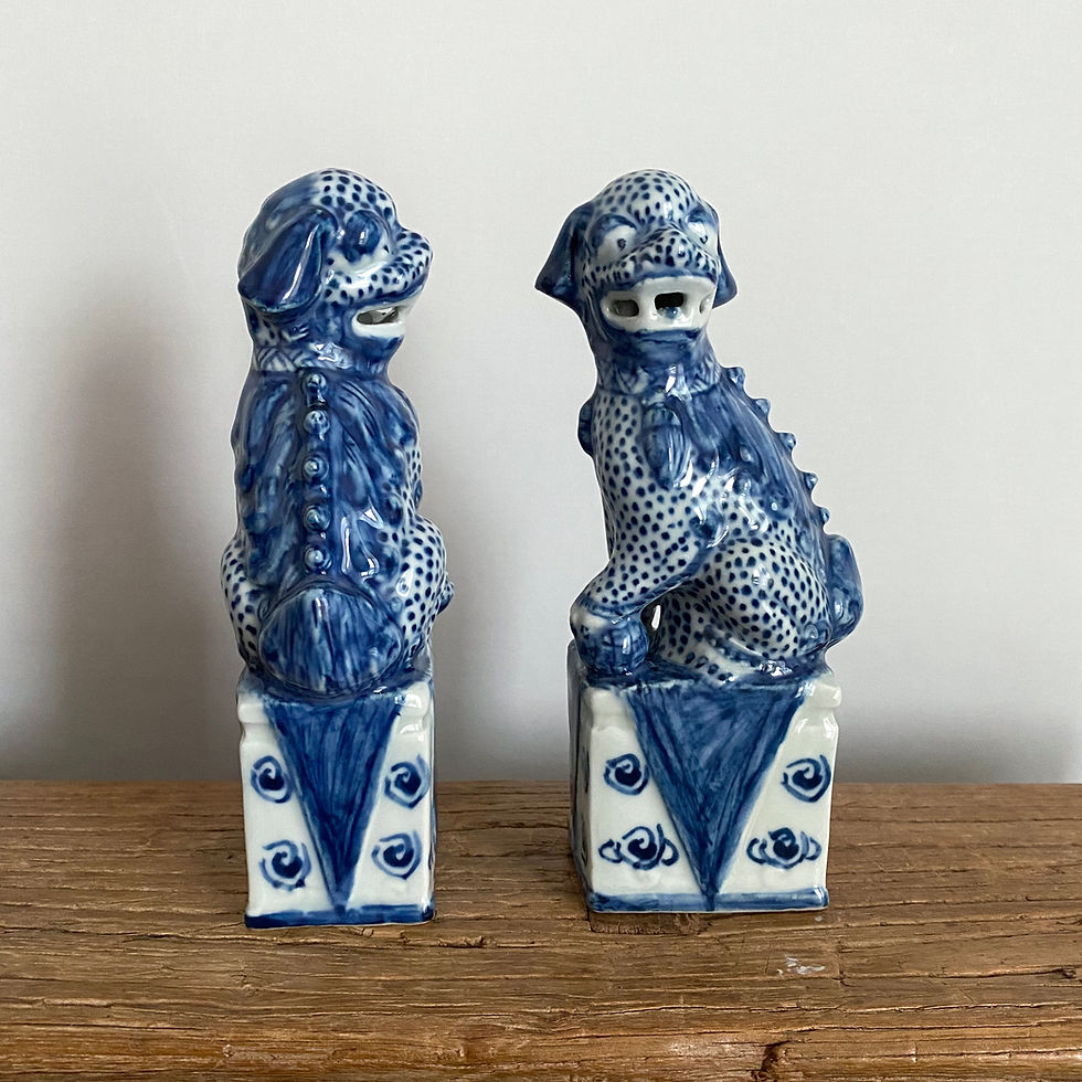 Thumbnail: Small Pair of blue and white ceramic lions “Foo Dogs”