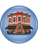 Festive red building with text, decorated with wreaths, restaurant, Pete's Tavern.
