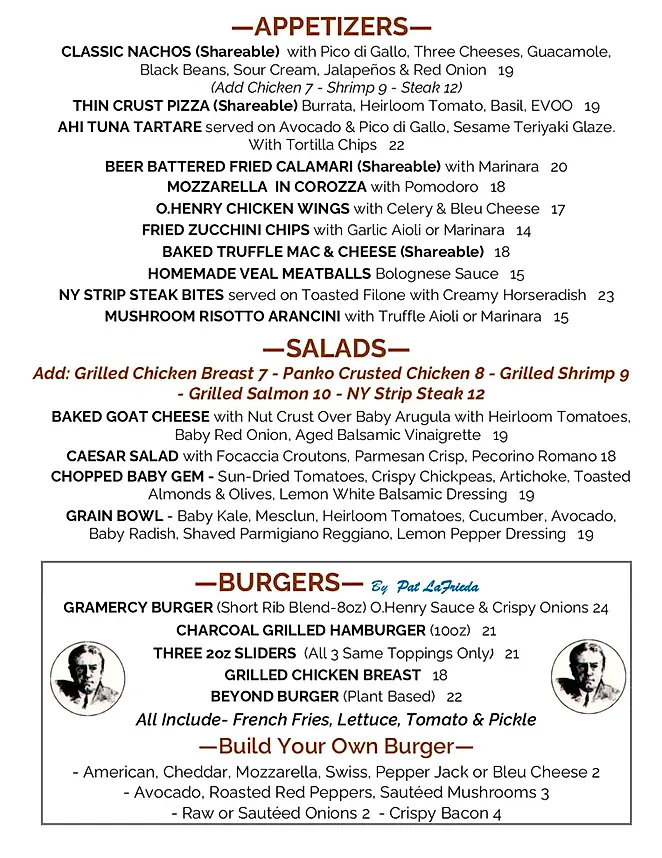 Dinner Menu COnsisting of Appetizers Salads and Burgers.webp