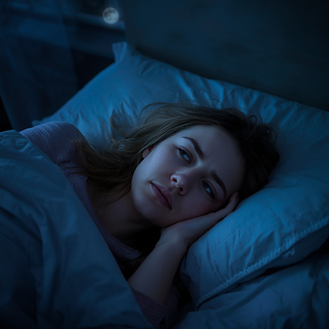 Frau liegt wach im Bett nachts, Augen offen, nachdenklicher besorgter Gesichtsausdruck, gr