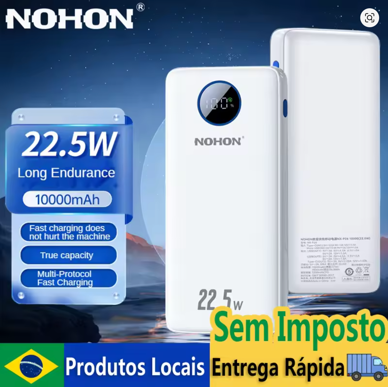 PowerBank Nohon 10000mah para Iphone, Samsung e Xiaomi