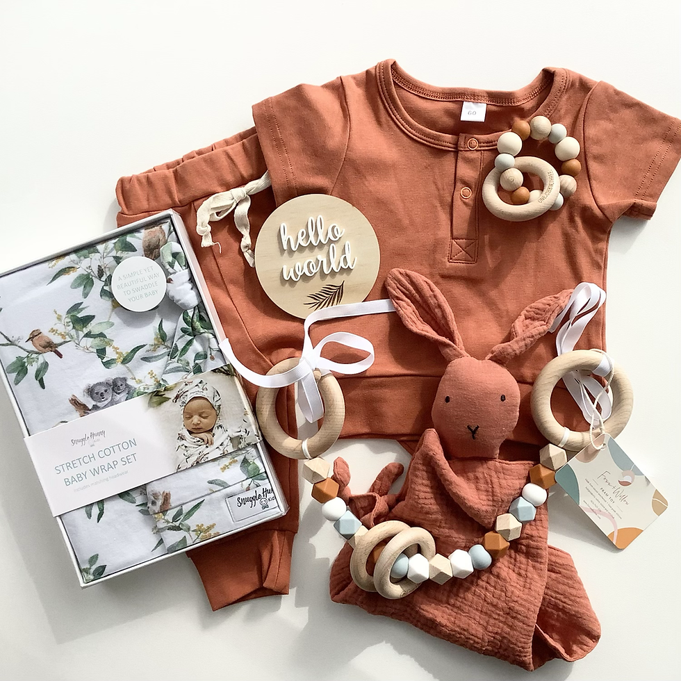 Thumbnail: Contents of Rusty newborn baby gift box