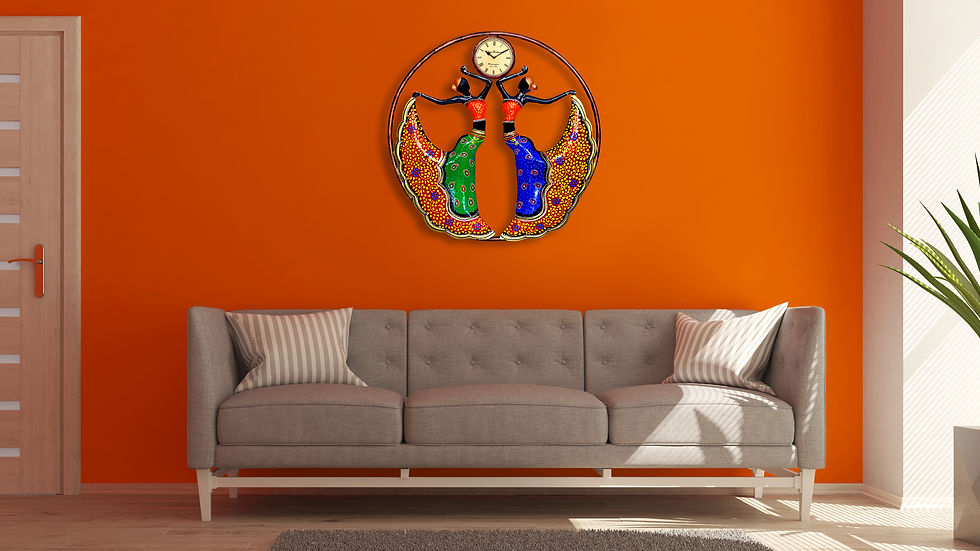 Thumbnail: Craftowl Emboss Metal Round Dancing Dolls Wall Hanging With Clock