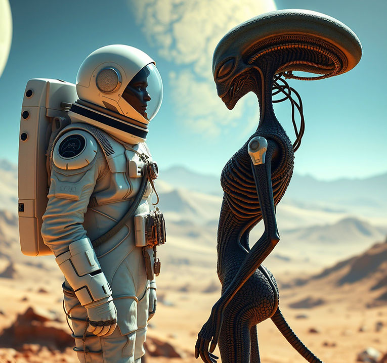 realistic image of a futuristic human astronaut, meeting an alien on an alien planet_edite