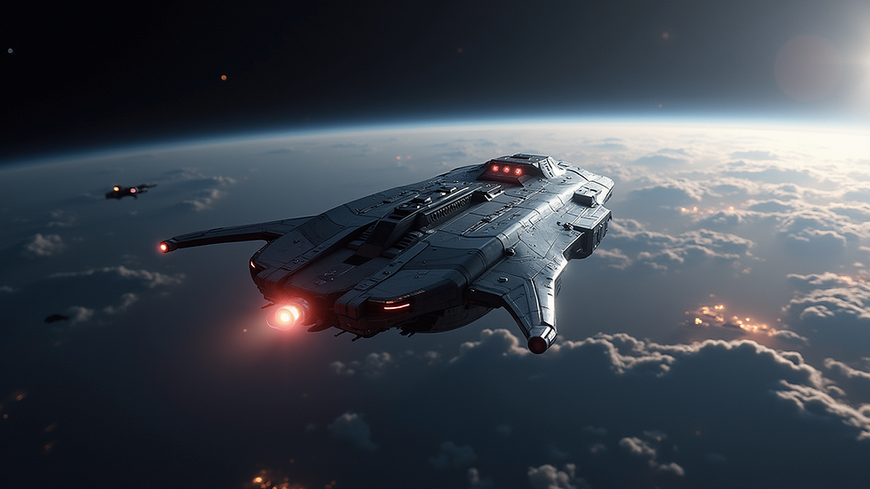 High angle view of a futuristic spacecraft concept flying through space