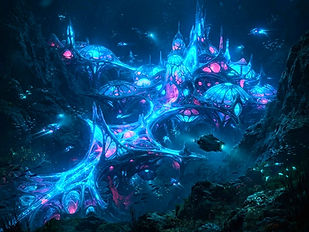 realistic image of a large underwater alien base that is glowing blue and pink, based upon