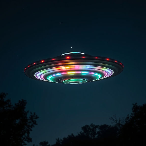 realistic image of a large brilliant multicolored glowing ufo saucer at night in the sky.j