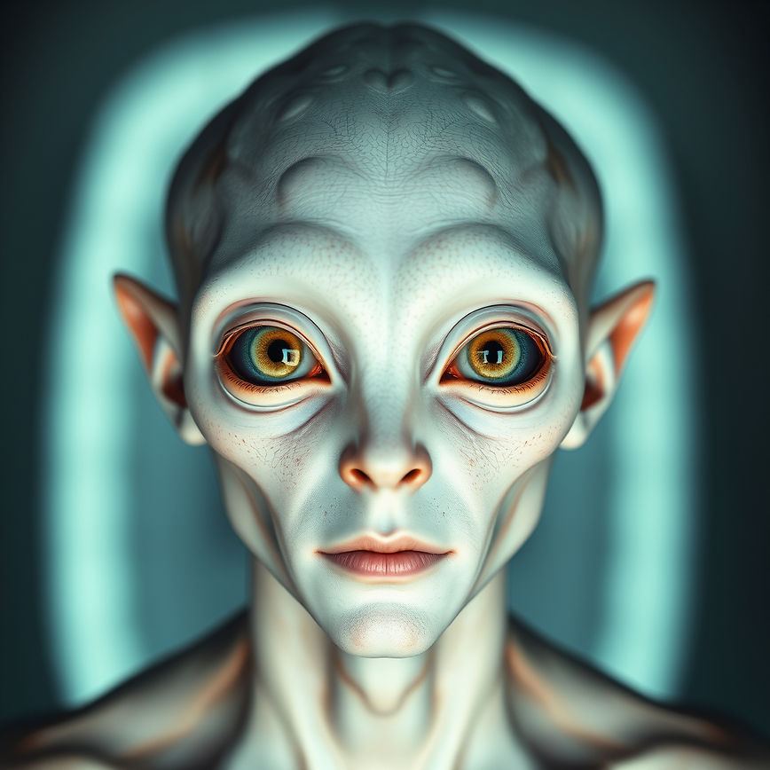 realistic image of a male alien with milky white-bluish skin, and eyes twice as large as a