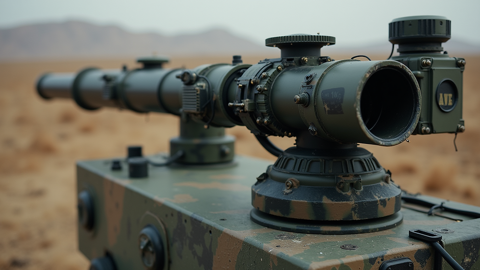 High angle view of a military laser weapon system mounted on a vehicle