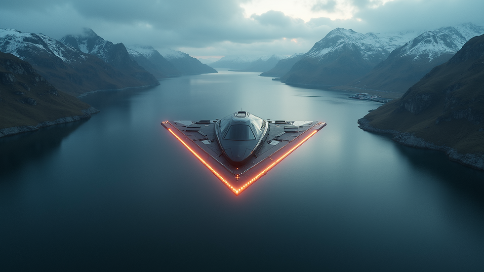 High angle view of a triangular craft with bright lights flying over a fjord