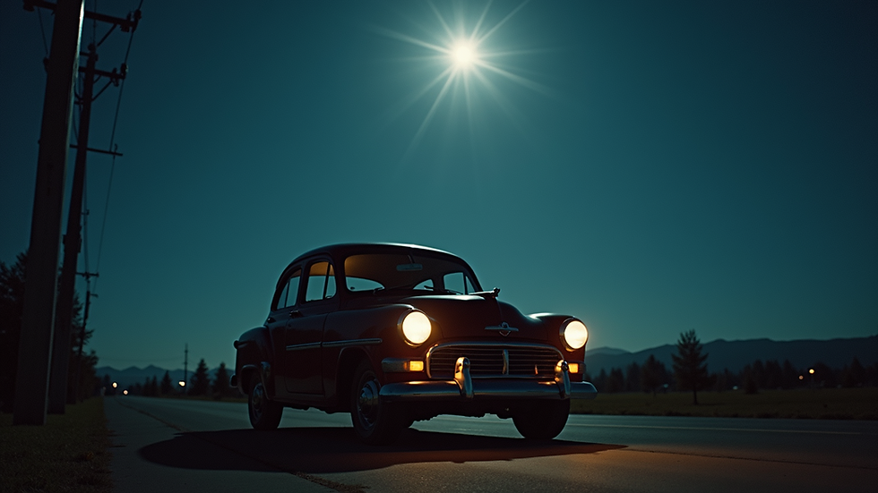 Eye-level view of an old vintage car parked under the moonlight