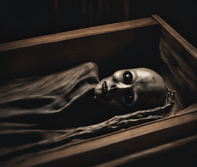 alien body in wooden crate