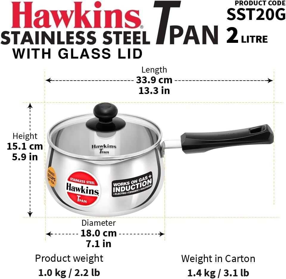 HAWKINS 2 Liter Stainless Steel T-Pan with Glass Lid, SST20G