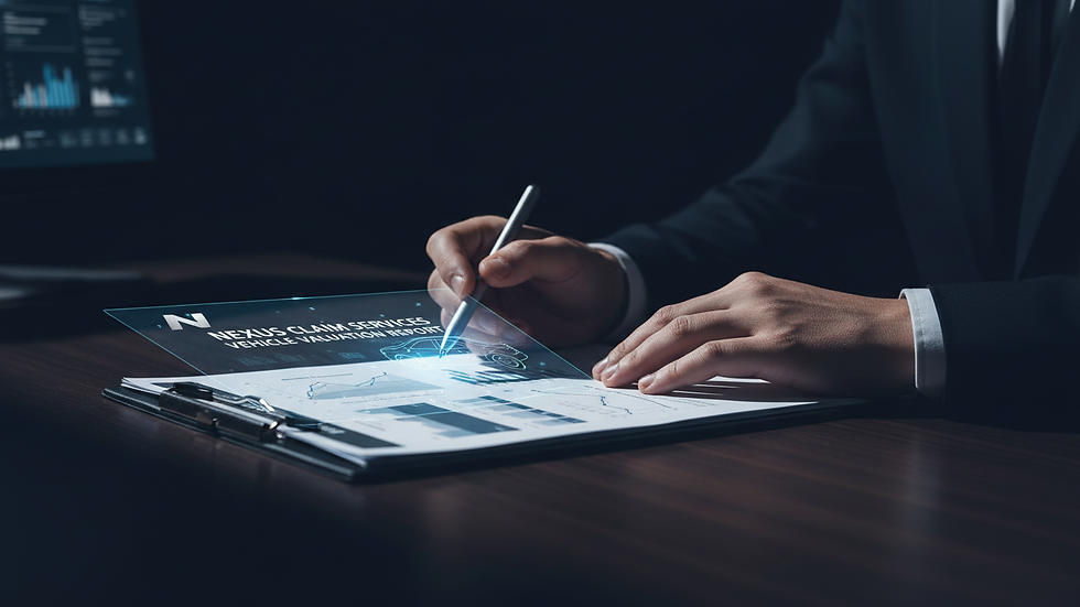 Close-up view of a person reviewing vehicle valuation documents on a desk