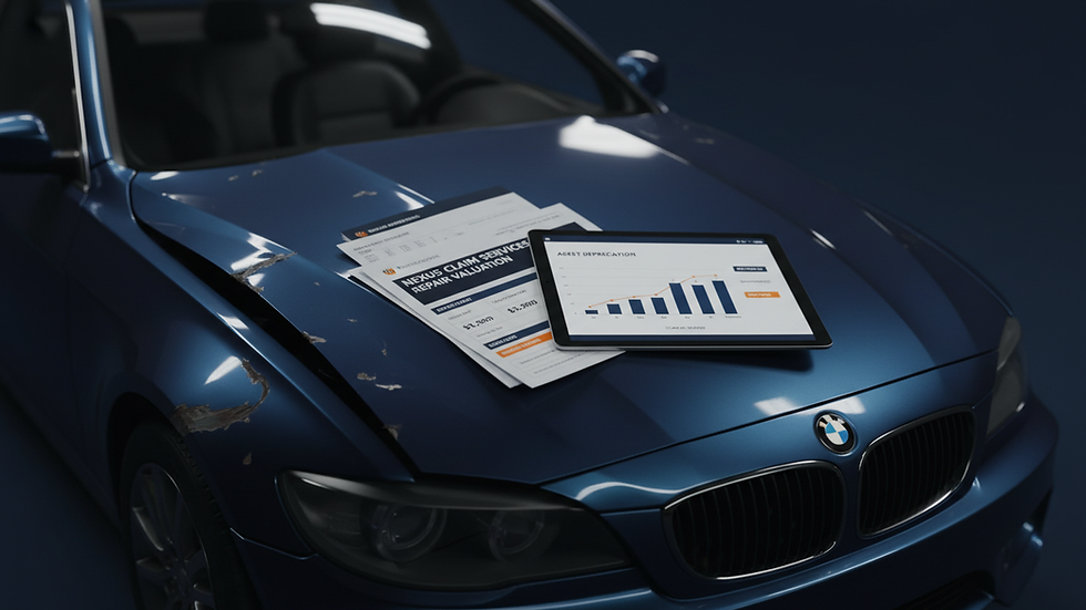 Close-up view of a damaged car with repair estimates and valuation documents