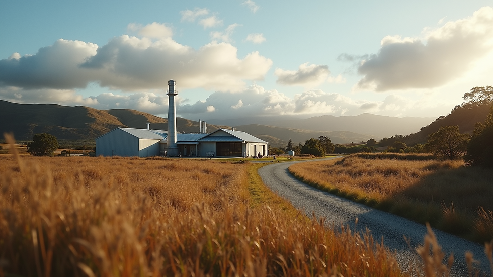 Wide angle view of a distillery surrounded by New Zealand countryside