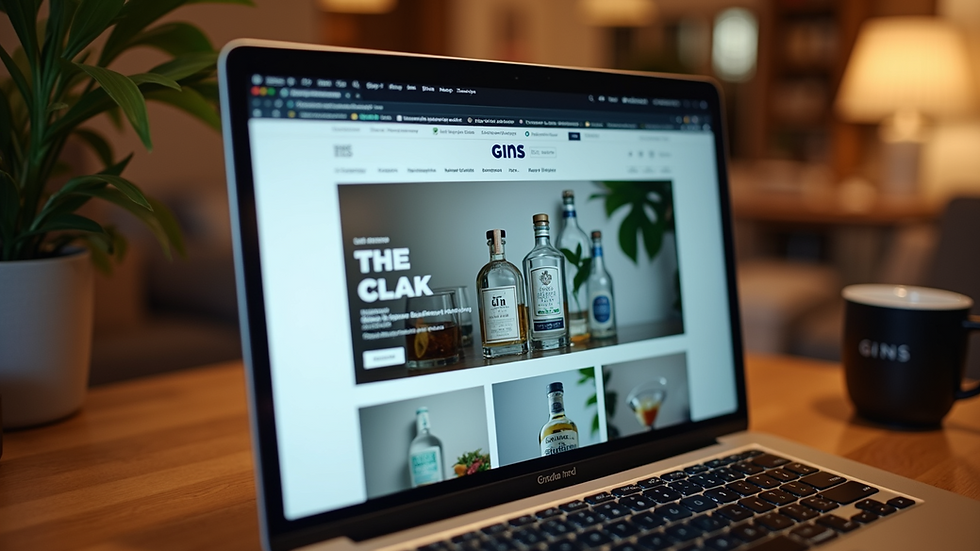 Eye-level view of a laptop screen displaying an online gin store