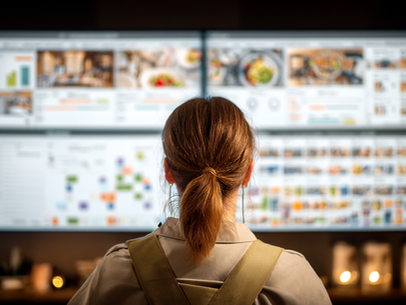 Hotel operations analyst reviewing hospitality performance dashboards and guest experience data on large multi-screen displays in a hotel management office.