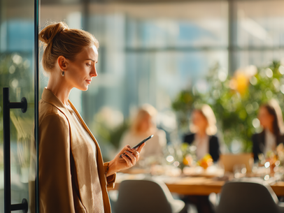 Hotel revenue manager standing at the entrance of a modern glass meeting room, reviewing business insights on a smartphone before joining a meeting with the ownership team seated inside, in a bright hospitality office setting.