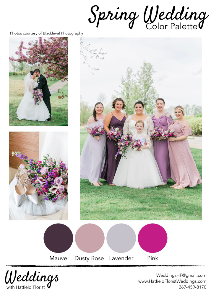 A collection of spring weddings with a designated color palette, including pink & purple tones.
