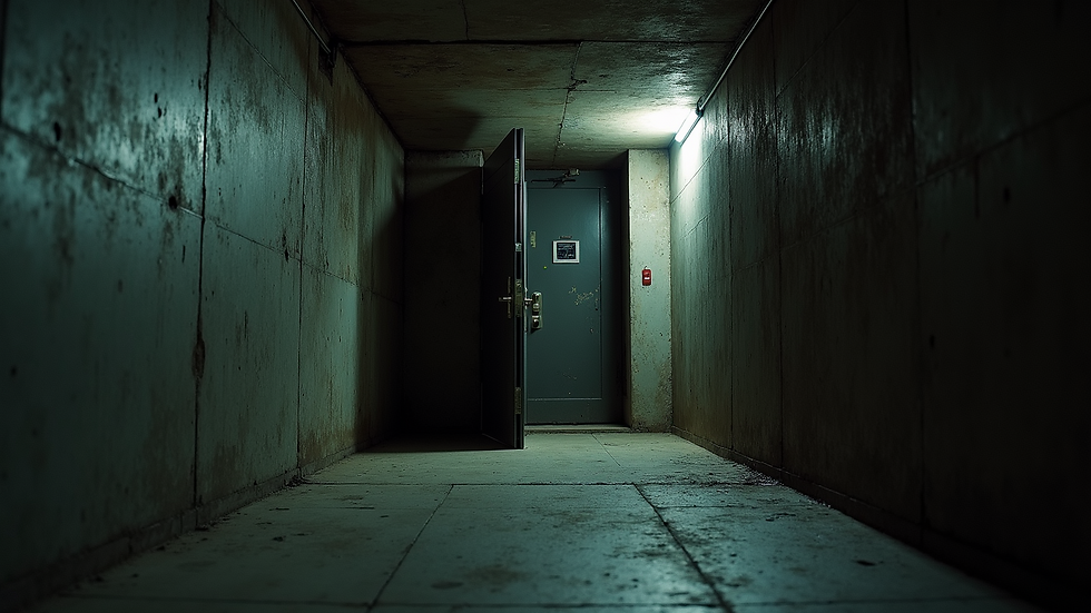 Eye-level view of an eerie underground doorway with shadows and worn textures
