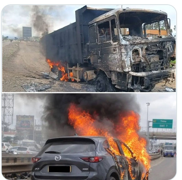 Vandalized and burnt vehicles in Kenya during a nation wide motorist strike on 18th May 2025. Photo Credits: Anthony Gitonga & Unknown