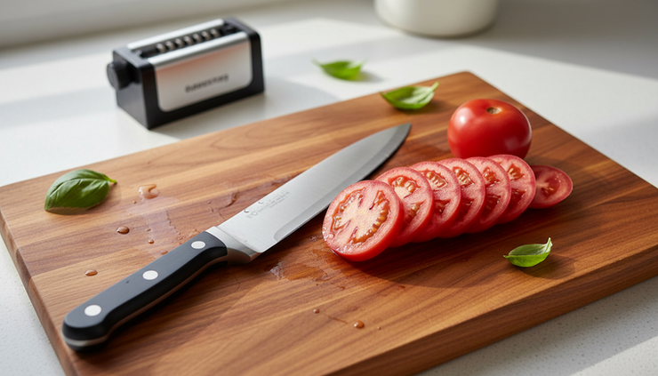 Overhead view of sliced tomatoes and a chef knife on a cutting board after honing.