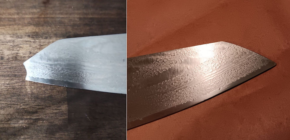 Overhead view of sharpening stones, water, and a chef knife being repaired