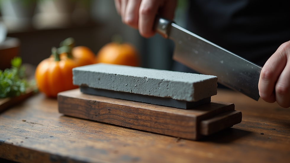 Eye-level view of a sharpening stone and knife on a wooden table
