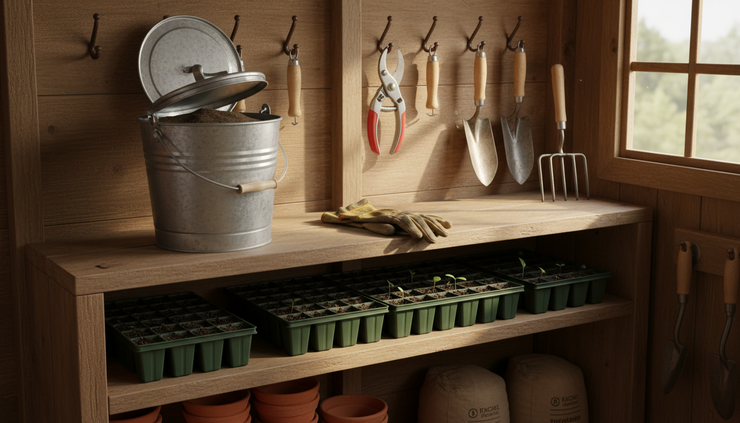 Wide-angle view of a tidy garden shed shelf with a covered sand bucket and clean tools hanging nearby