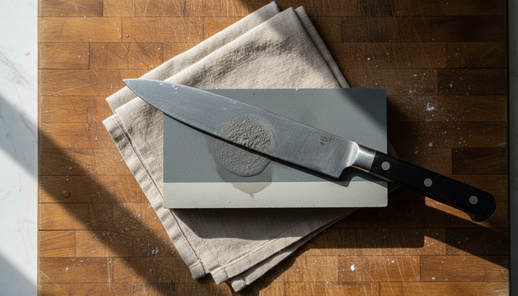 Overhead view of fine metal dust beside a knife edge on a sharpening stone