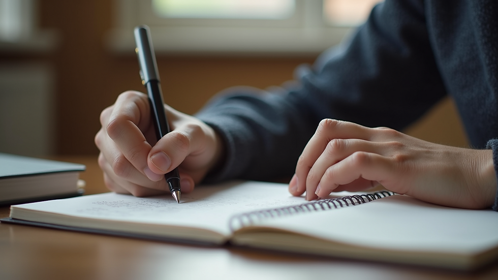 Close-up view of a person writing in a journal with a pen
