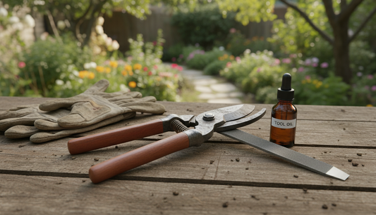 Close-up of garden pruners being sharpened with a metal file on a wooden potting bench.