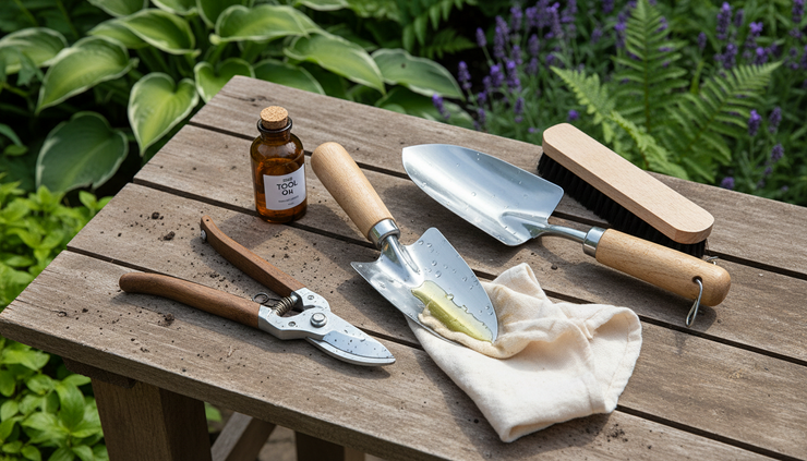 Overhead view of hand tools being cleaned on a wooden potting bench.