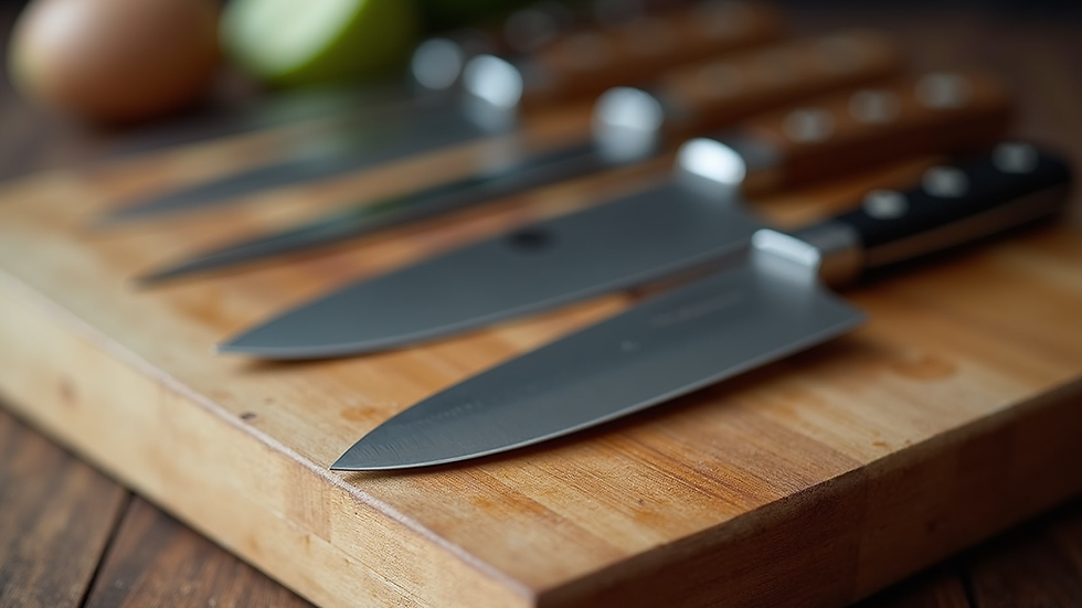 High angle view of a set of sharp kitchen knives on a wooden block